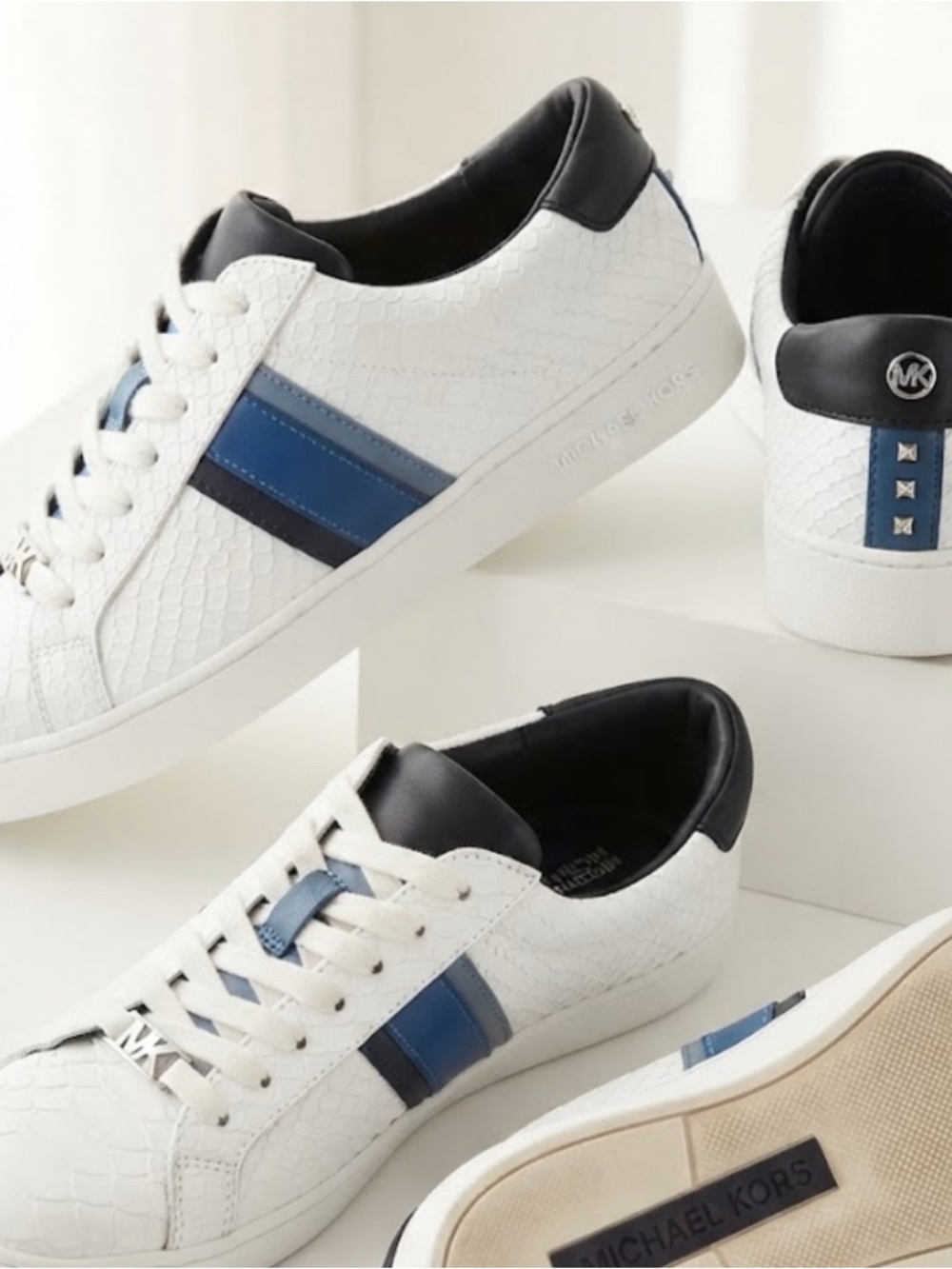 MICHAEL Michael Kors White & Blue Snake-Embossed Leather Low-Top Sneakers